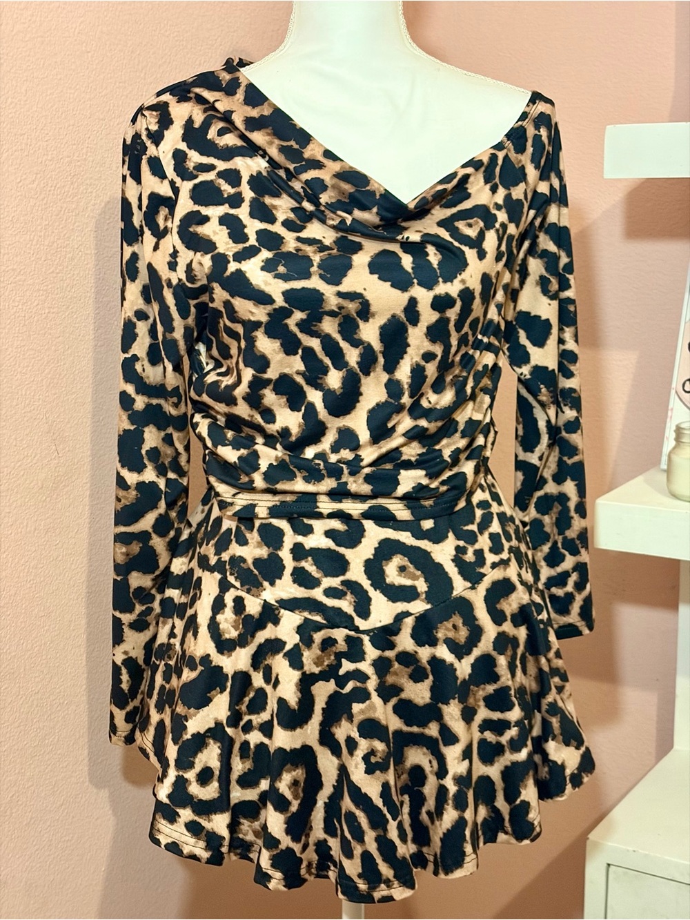 SHEIN Leopard Print Long Sleeve Fit & Flare Dress - Black & Tan